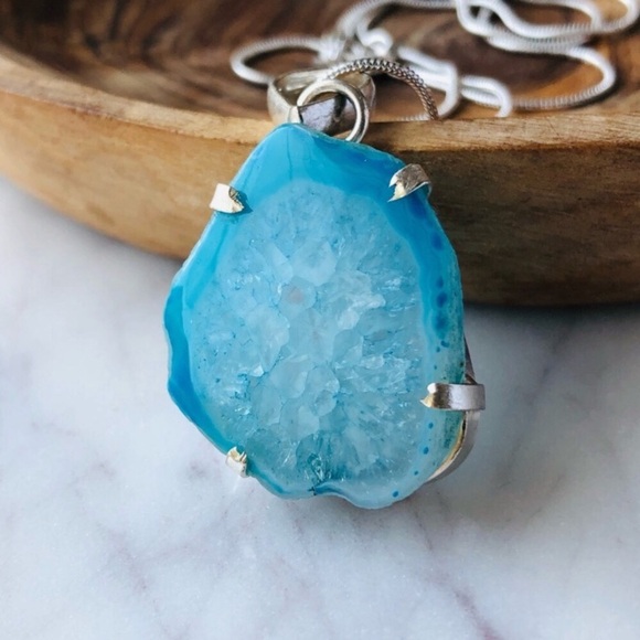 Silver Plated Blue Agate Slice Statement Boho Necklace - Picture 2 of 10